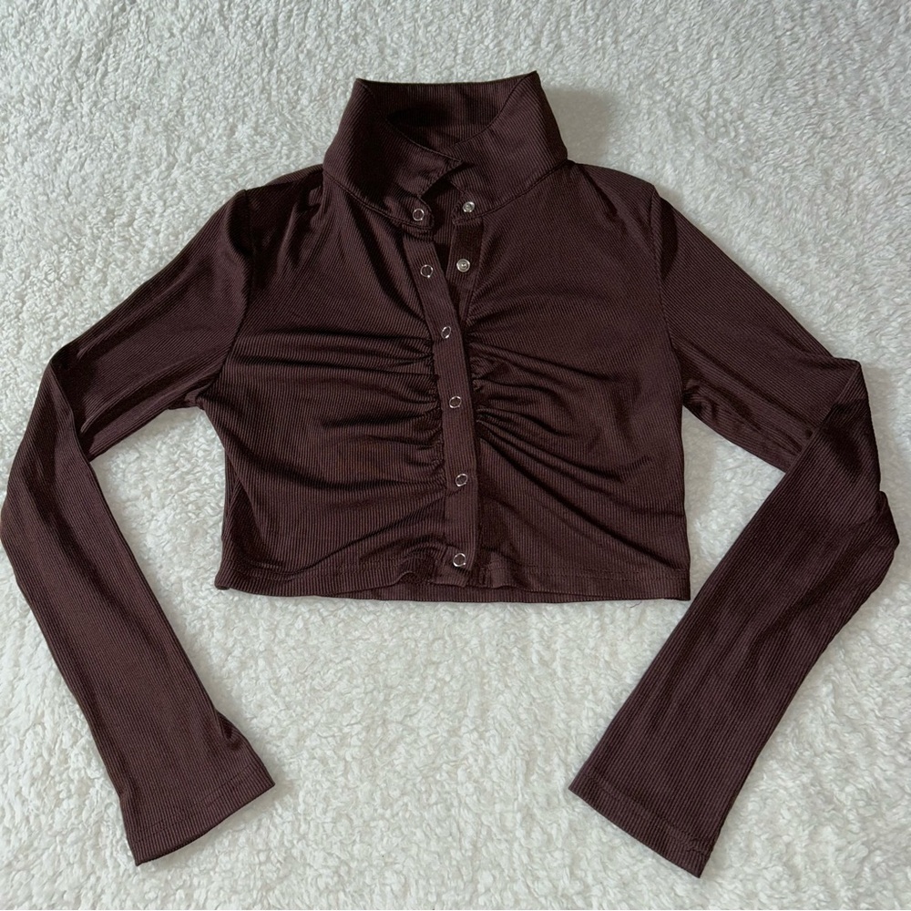 Shein Brown Ruched Front Collared Button Up Cropped Blouse Medium